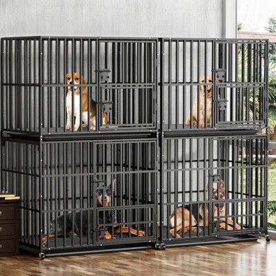 Super Large Premium Dog Crate Strong Double Layer Dog Cage w Lock Wheel & 3 Door