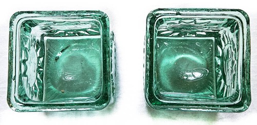Pair of Green Glass Votive Holders Sun Pattern 3" X 3" For Use with Small Votive - Picture 2 of 5