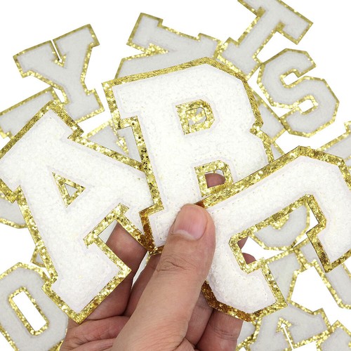 Chenille English Letter White A-Z Iron On Repair Patch with Gold Glitter Border - Picture 2 of 35