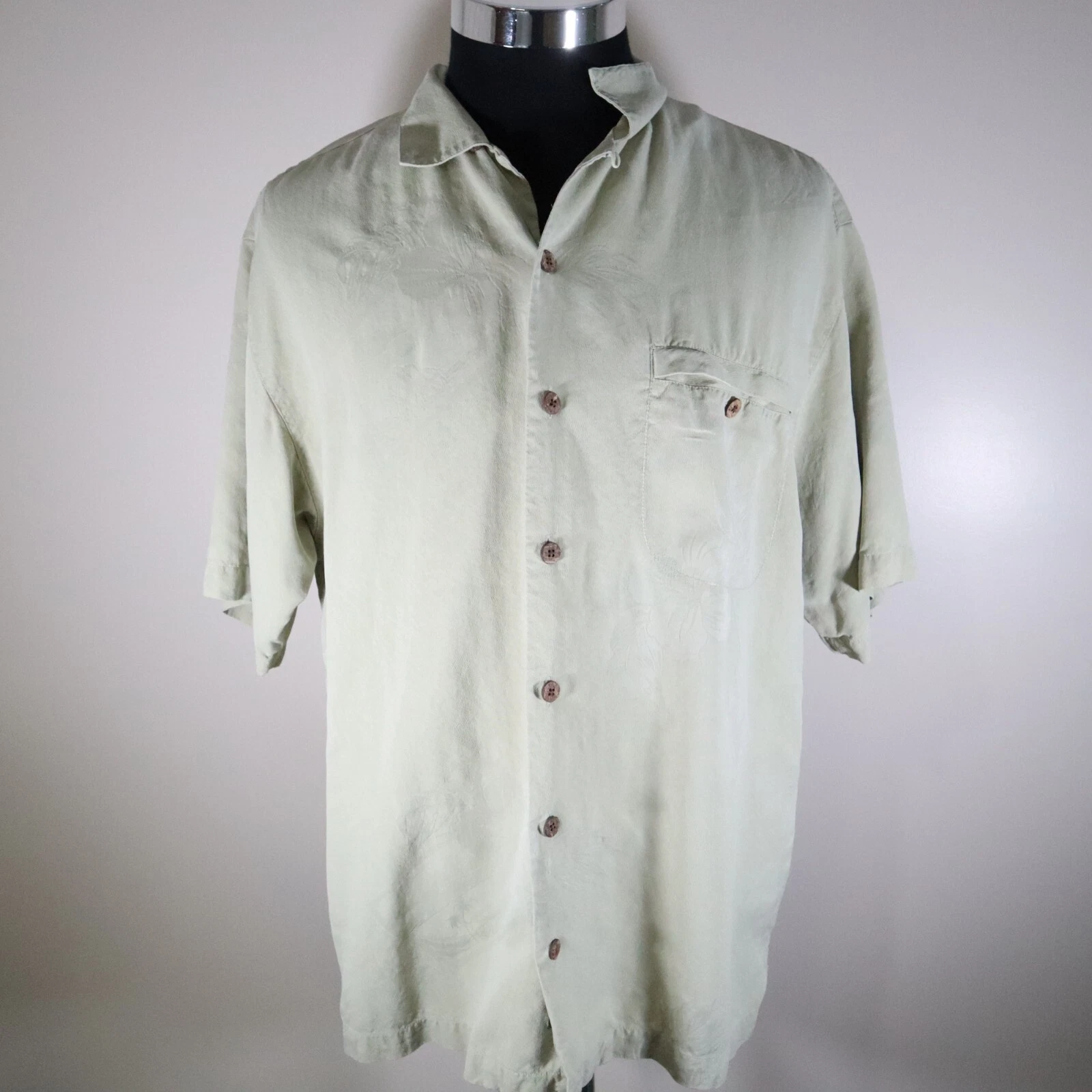 Tommy Bahama Shirt Mens Medium Silk Casual Pocket Button Up Green Short Sleeve
