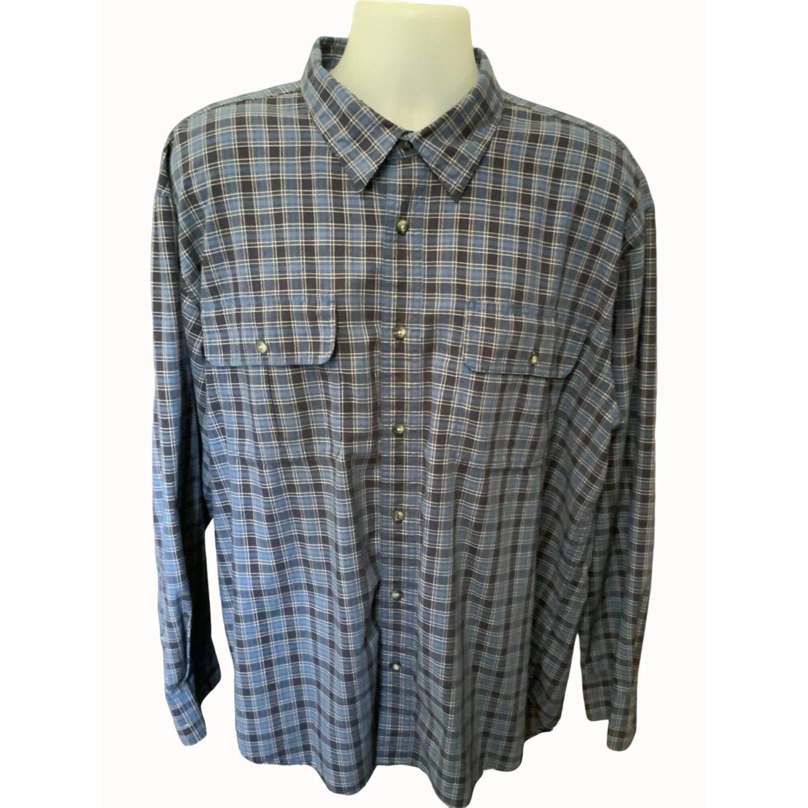 Cabelas Mens XL Outdoor Rugged Blue Plaid Long Sleeve Collared Button Up Shirt