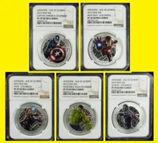 2015 MARVEL AVENGERS 5 COINS SET CAPTAIN AMERICA,HULK,THOR,IRONMAN,ULTRON NGC 70