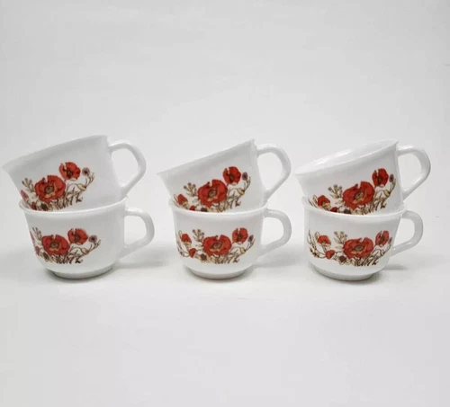 Arcopal France Milk Glass Tea Coffee 6 Cups White With Poppy Pattern Vintage