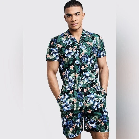 Boohoo Man Floral Print Revere Collar Short Jumpsuit Romper M eBay