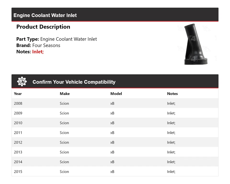 Впускное отверстие для воды охлаждающей жидкости двигателя Scion xB 2008-2015 годов выпуска 4 сезона 2009 2010 2011 2012 годов выпуска - Изображение 2 из 4