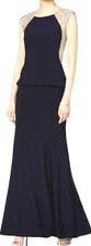 Xscape Women's Beaded Mesh Jersey Maxi Peplum Ball Gown, Navy, Tall 6,8,10,12,14