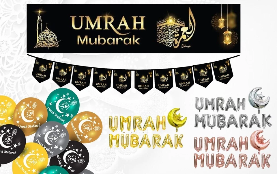 Umrah Mubarak Banners Buntings and Balloons wall hanging 2023 celebration