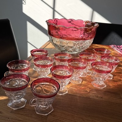 Vintage Indiana Glass Kings Crown Ruby Punch Bowl Set W/ 12 Footed Cups