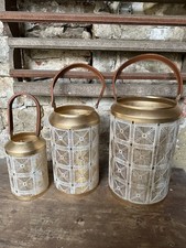 Windlicht Laterne Metall Leder Weiß gold XXL -61cm Garten Landhaus Shabby Deko