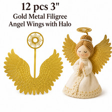 12 pcs Miniature 3" Gold Metal Filigree Angel Wings Halo Ornaments Crafts Dolls