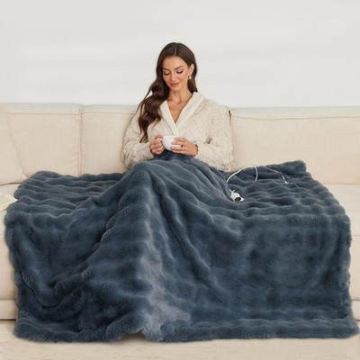 Heated Throw Blanket Electric - Washable Faux Rabbit Fur Heated Blanket 51''x6...