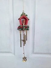 VINTAGE CHRISTMAS ELF PIXIE Wind Chime w/ Harp & Plastic Holly Mistletoe 
