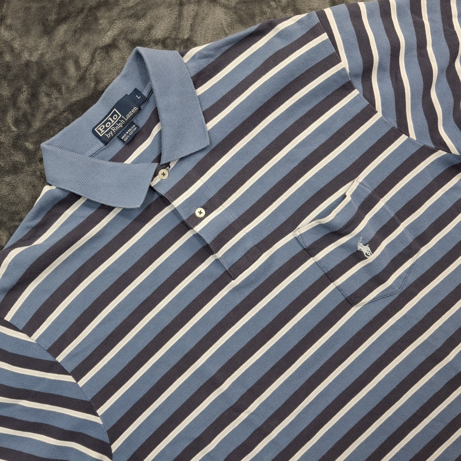Polo Ralph Lauren camicia uomo grande blu righe cotone pony 2 bottoni tasca