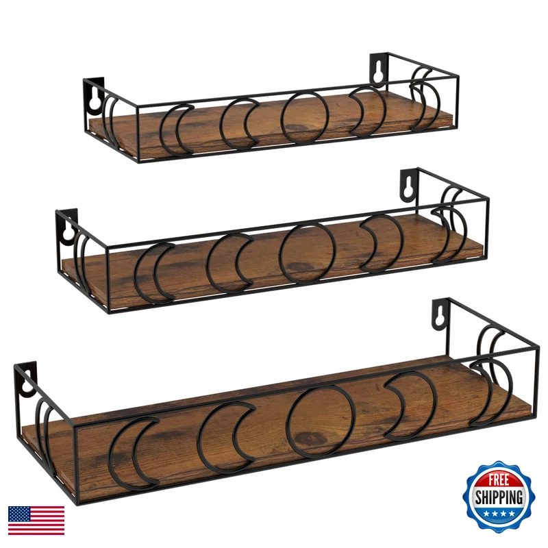 Serwrsw Moon Phase Wall Shelves Brown Black 3 Pack Small Floating Book Plant