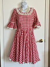 Vintage Handmade Prairie Red White Gingham Ruffled Square Dance Dress FLAWS