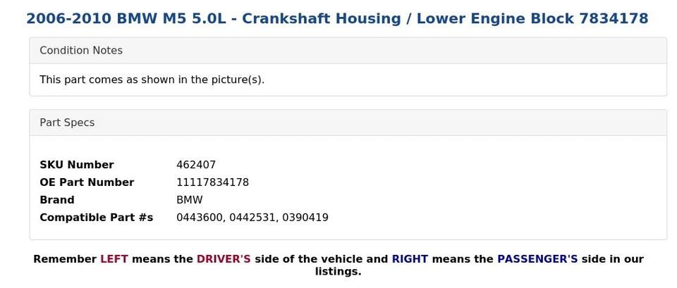 BMW M5 2006-2010 5,0 L - Carcasa del cigüeñal/bloque inferior del motor 7834178 Foto 4 de 4