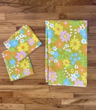 Vtg Pacific Mod Retro Orange Yellow Flower Power Full Flat Sheet & Pillowcases