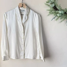 Vintage Satin Button Down Blouse Women's Ivory White Romantic Gothic Size 8P