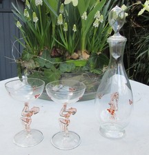 altes * Likör-Set * 4 Gläser & Karaffe * Lauscha Bimini Glas * Tänzerin Aktfigur