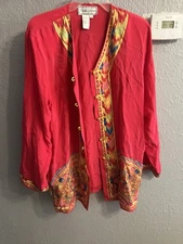 Diane Gilman Top 100% Silk P/L Button Up Sequins Art to Wear Tunic