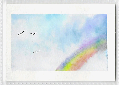ACEO Original Art 2.5x3.5 Watercolor Sky, Birds & Rainbow on Paper, Unframed