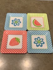 Set Of 4 Melamine Snack Or Appetizer Plates 6  Watermelon Flowers Strawberries