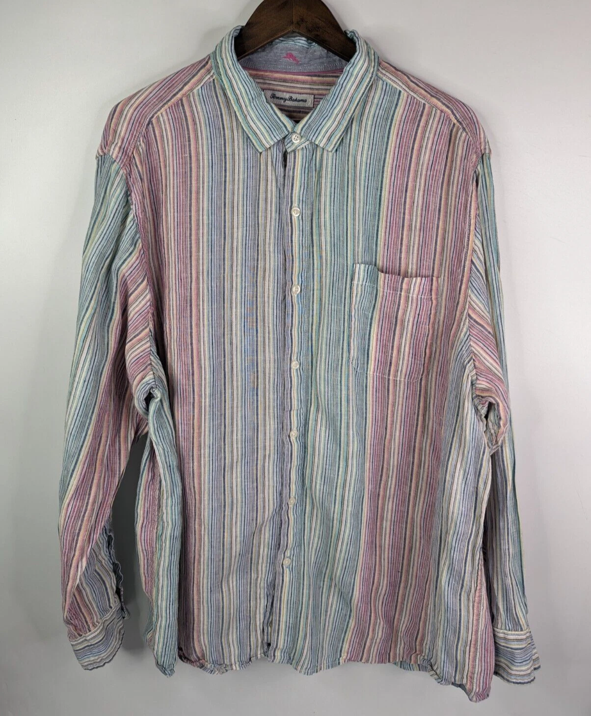 Tommy Bahama Shirt Mens 2XL 100% Linen Long Sleeve Button Up Striped Colorful