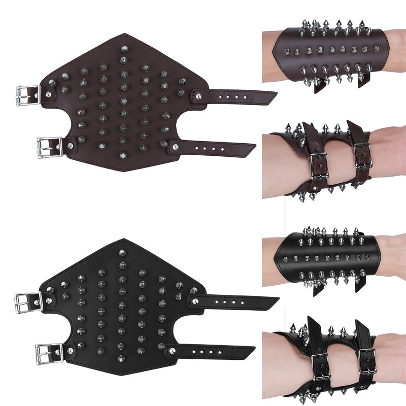 Unisex Faux Leather Gauntlet Wristband Bracer Metal Spike
