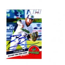 Tyler Baum signed autograph 2019 NY Penn League Prospect card Vermont UNC b