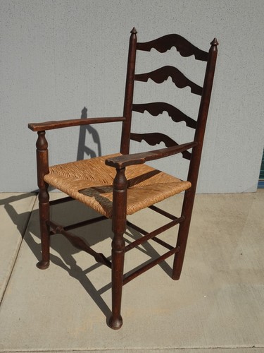 Vintage French Country Farmhouse Ladderback Rush Arm Chair w Claw Hand Rests - Picture 4 of 12