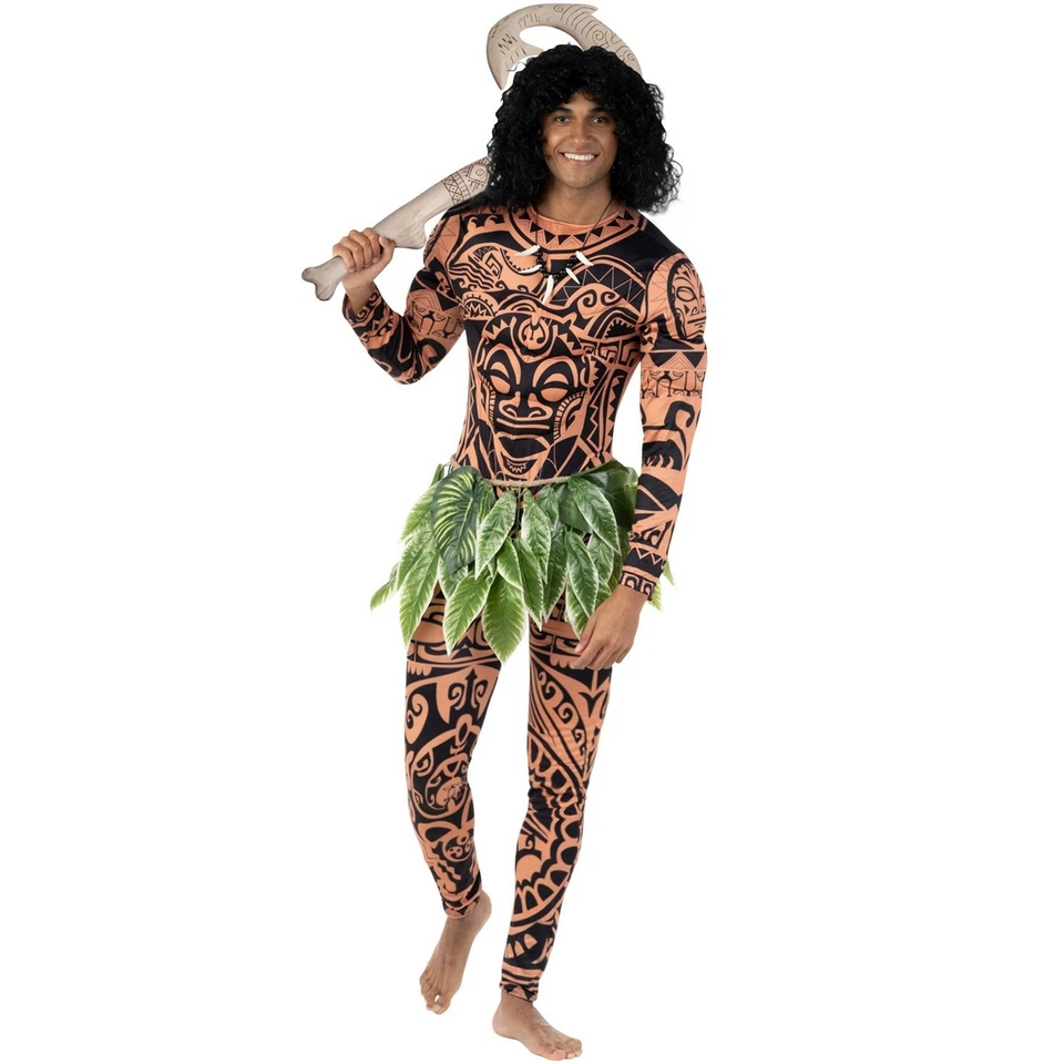 Mens Maui Costume Adult Tattoo Warrior Hawaiian Polynesian Demi God Bodysuit - Image 2 of 4