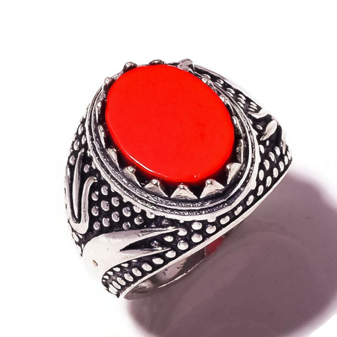 Red Coral Oval Gemstone Silver Overlay Handmade Oxidized Carving Ring US-7.75