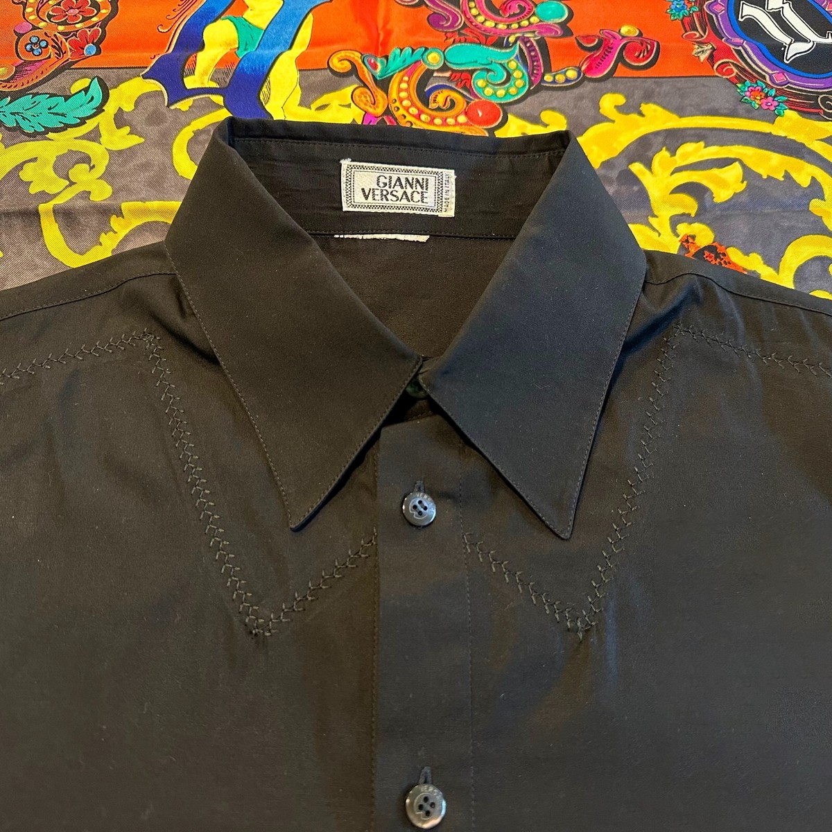 1998 GIANNI VERSACE black cotton stretch shirt w/ embroidered