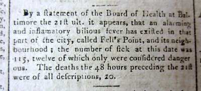 1800 newspaper YELLOW FEVER EPIDEMIC rips thru FELLS POINT BALTIMORE MARYLAND 