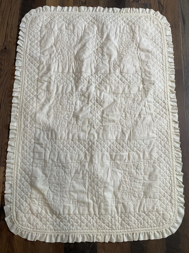 MANTA EDREDÓN CUNA BEBÉ Osos de peluche Pajaritas 36" X 51" Vintage VOLANTES Foto 4 de 4