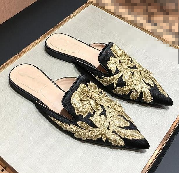 PANTOFOLA D’ORO Ciabatta donna retrò a punta stampa floreale vintage mules piatta velluto scarpe chic
