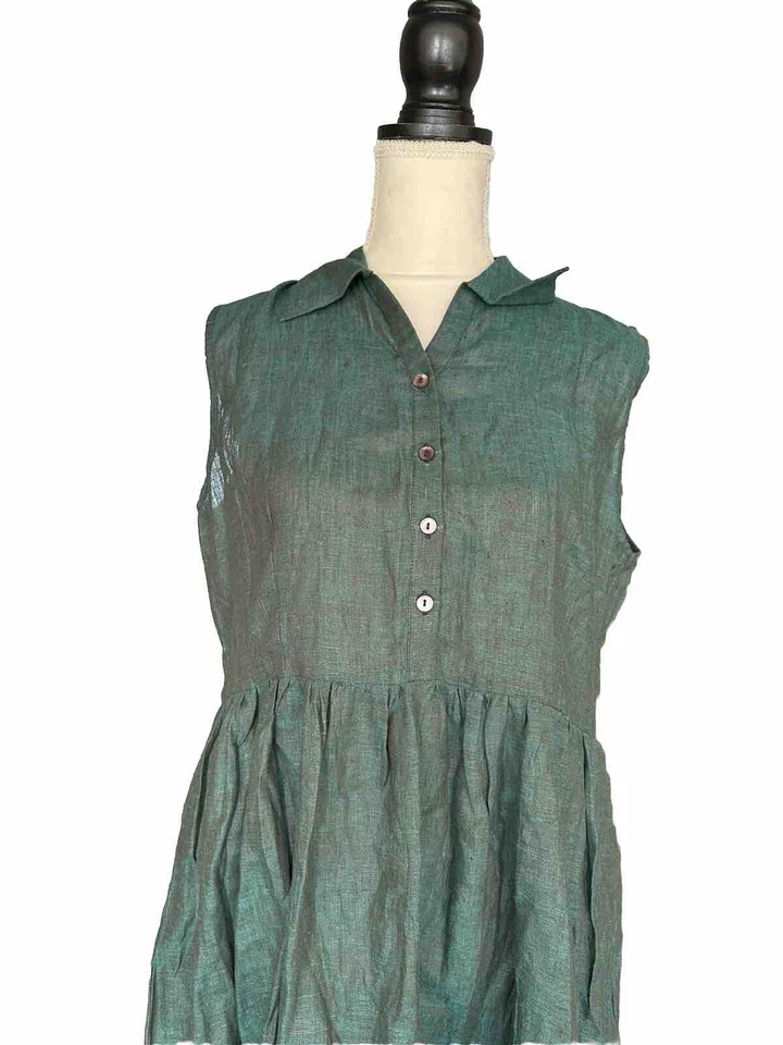 Vestido informal de mezcla de lino sin mangas con botones delanteros bolsillos M/L Foto 2 de 4