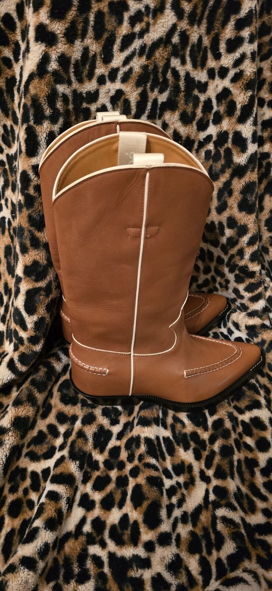 Chloe Nellie Texan Boot Brown Leather Western Red Sz 37/7