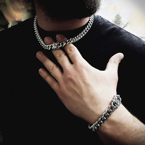Men's Heavy Miami Cuban Link Chain & Bracelet Combo Set Silver Stainless Steel - Picture 7 of 11