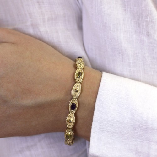 3 ctw Natural Purple Amethyst & Green Peridot Solid 14k Yellow Gold Bracelet 7" - Picture 7 of 10