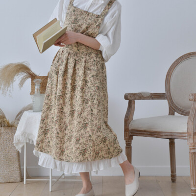 Vintage Style Women Floral Cotton Apron Cover Up with Pockets Kitchen Workwear