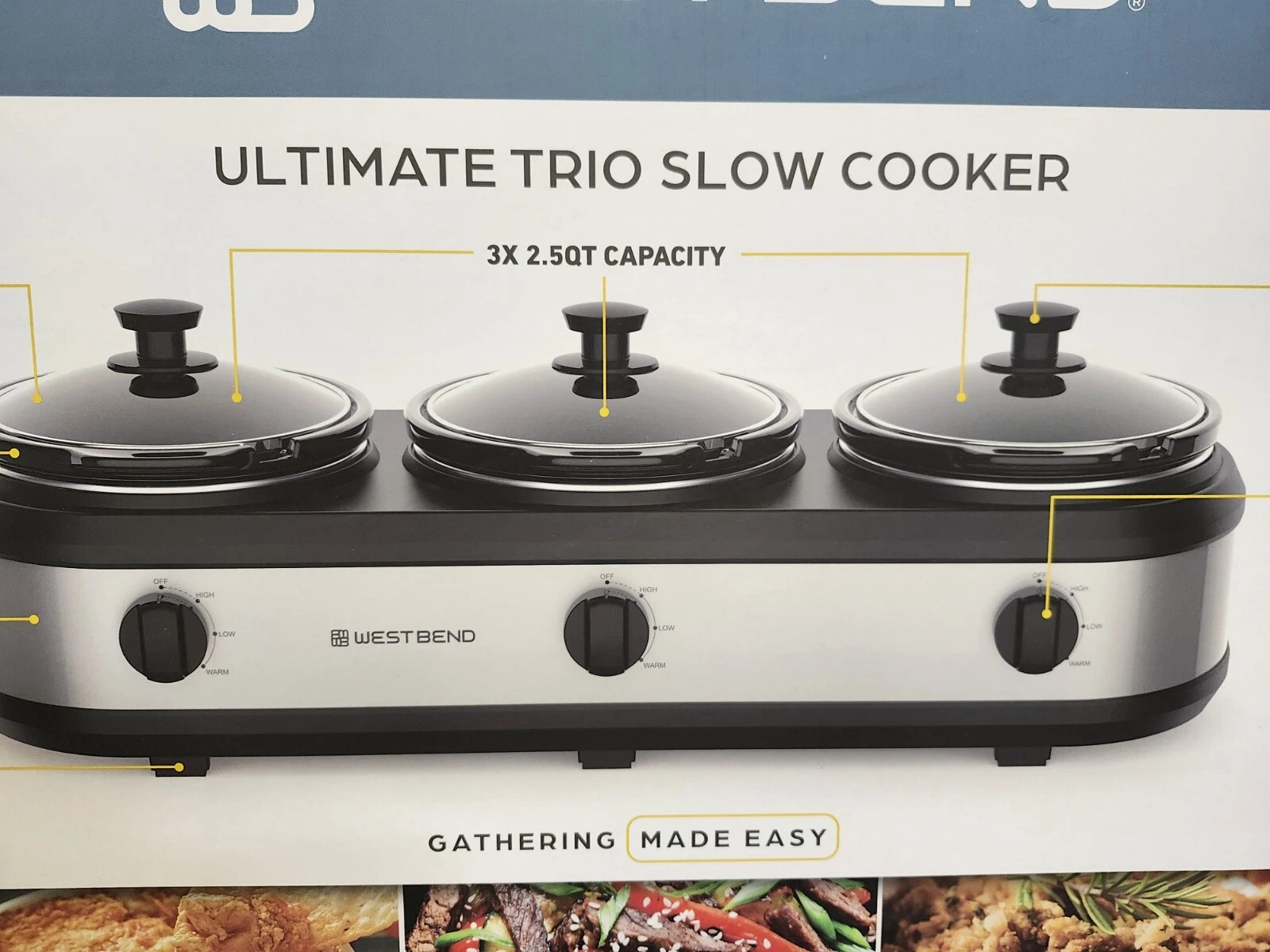 West Bend Triple Slow Cooker, 3x 2.5qt, Stainless/Black
