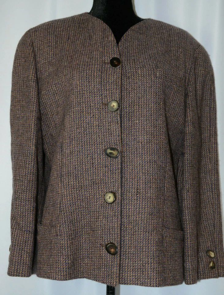 Conjunto Traje Blazer y Falda De Colección Krizia Poi Talla 48 Lana Púrpura Negro Beige Italia Grande Foto 2 de 4