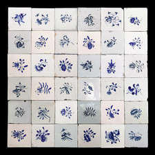 Delft blue tiles, flowers,Dutch Frisian, circa 1800  19th ct.Field of 36 tiles.