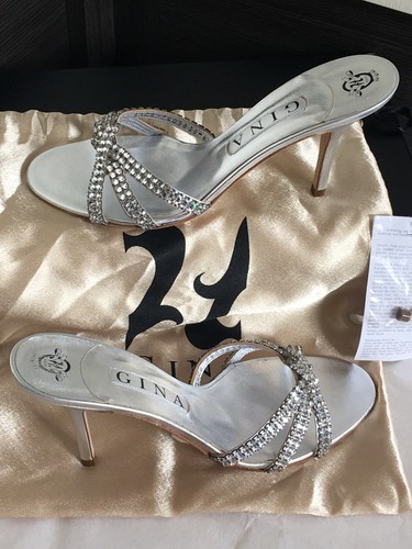 GINA SWAROVSKI CRYSTALS PLATINUM MIST ICE METALLIC LEATHER SHOES 39X/ 6,5 - NEW - Picture 10 of 14