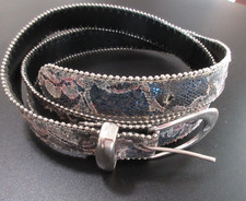 Womens Western Leather Belt w/Silver Buckle Bead Trim Colorful Lacey Glitter L