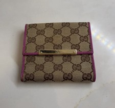 Gucci GG Canvas Logo Bifold Wallet w/ Pink Trim Gold Hardware Preloved