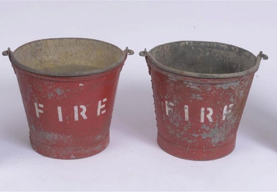 Set of 2 Pair Vtg Red Metal 11.25x13'' FIRE BUCKETs Antique *GREAT PATINA*NICE!