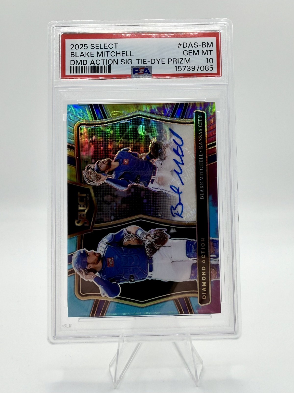 2025 Select Baseball Blake Mitchell RC Auto Dmd Action Royals /25 Tie-Dye PSA 10 view 1
