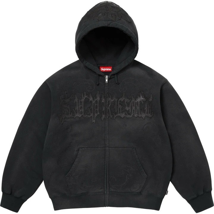 Supreme Leather Applique Zip Up Hooded Sweatshirt Black